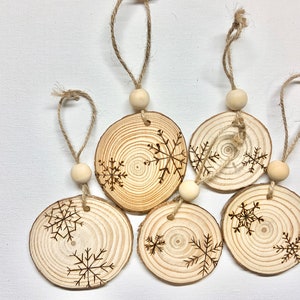 Wood snowflake Ornaments, woodburned by hand SET OF 5