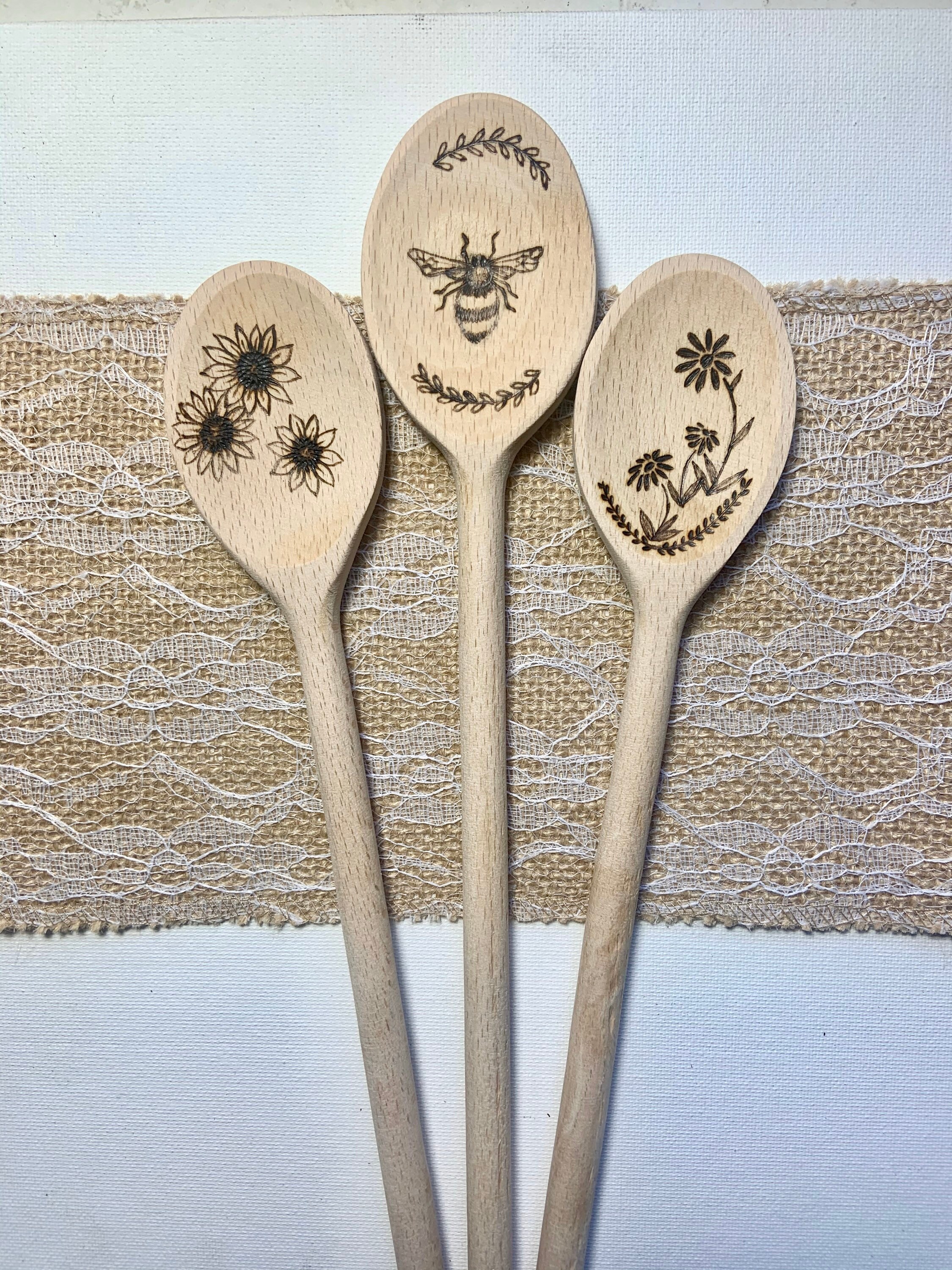 Kitchen & Dining Sunflower Wood Spoon Wood Burned Wood Spoon Floral
