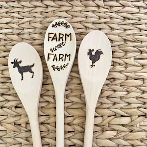 Decorative woodburned spoons, farm sweet farm goat and chicken spoons