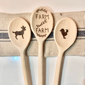 Decorative woodburned spoons, farm sweet farm goat and chicken spoons