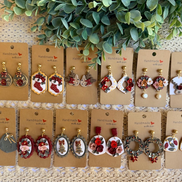 Handmade Polymer Clay Christmas Earrings: Festive 18k Gold Plated Studs