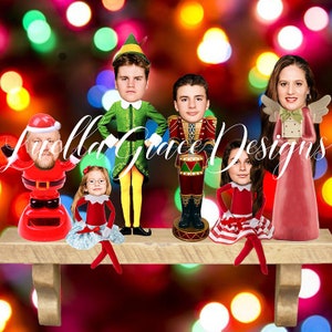 May include: A group of six Christmas figurines on a wooden shelf. The figurines are dressed as elves, a nutcracker, and an angel. The figurines are all facing forward and have a festive look. The shelf is decorated with a red and green garland.