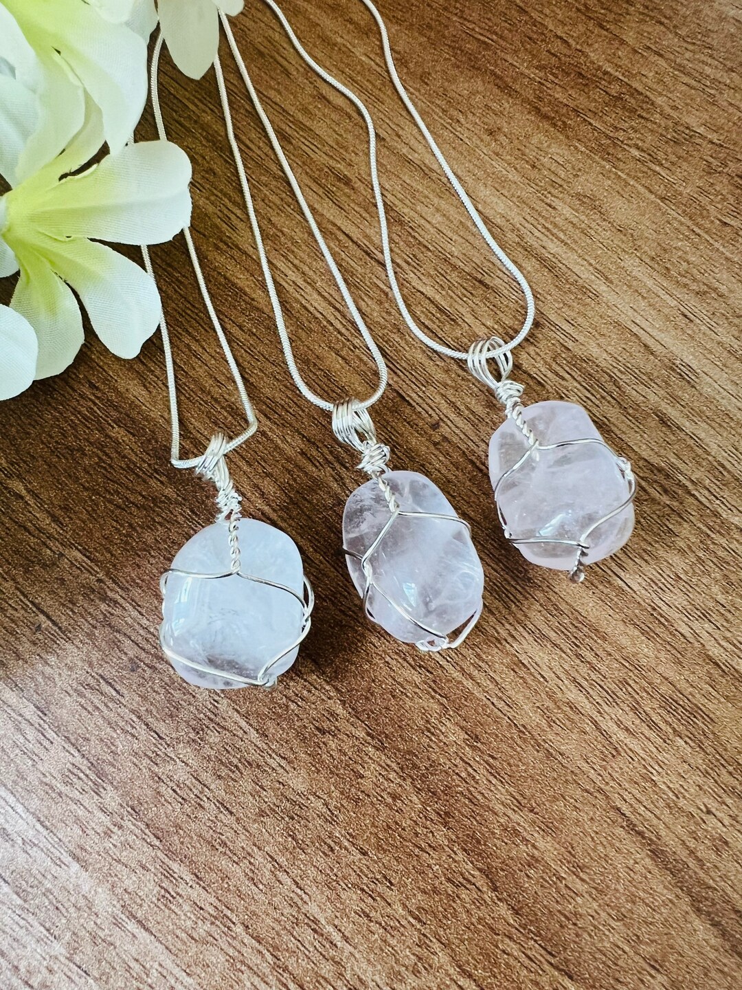 Wire Wrapped Crystal Necklace ,rose Quartz, Crystal Gemstone Healing