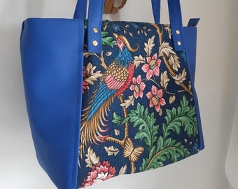 Impresión floral bonita hecha a mano & bolso hecho a mano leatherette azul, bolso de hombro, bolso de compras.