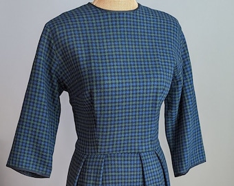 1960's blue + green houndstooth wool dress