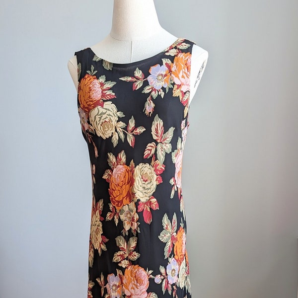 90's/Y2K black floral rayon dress