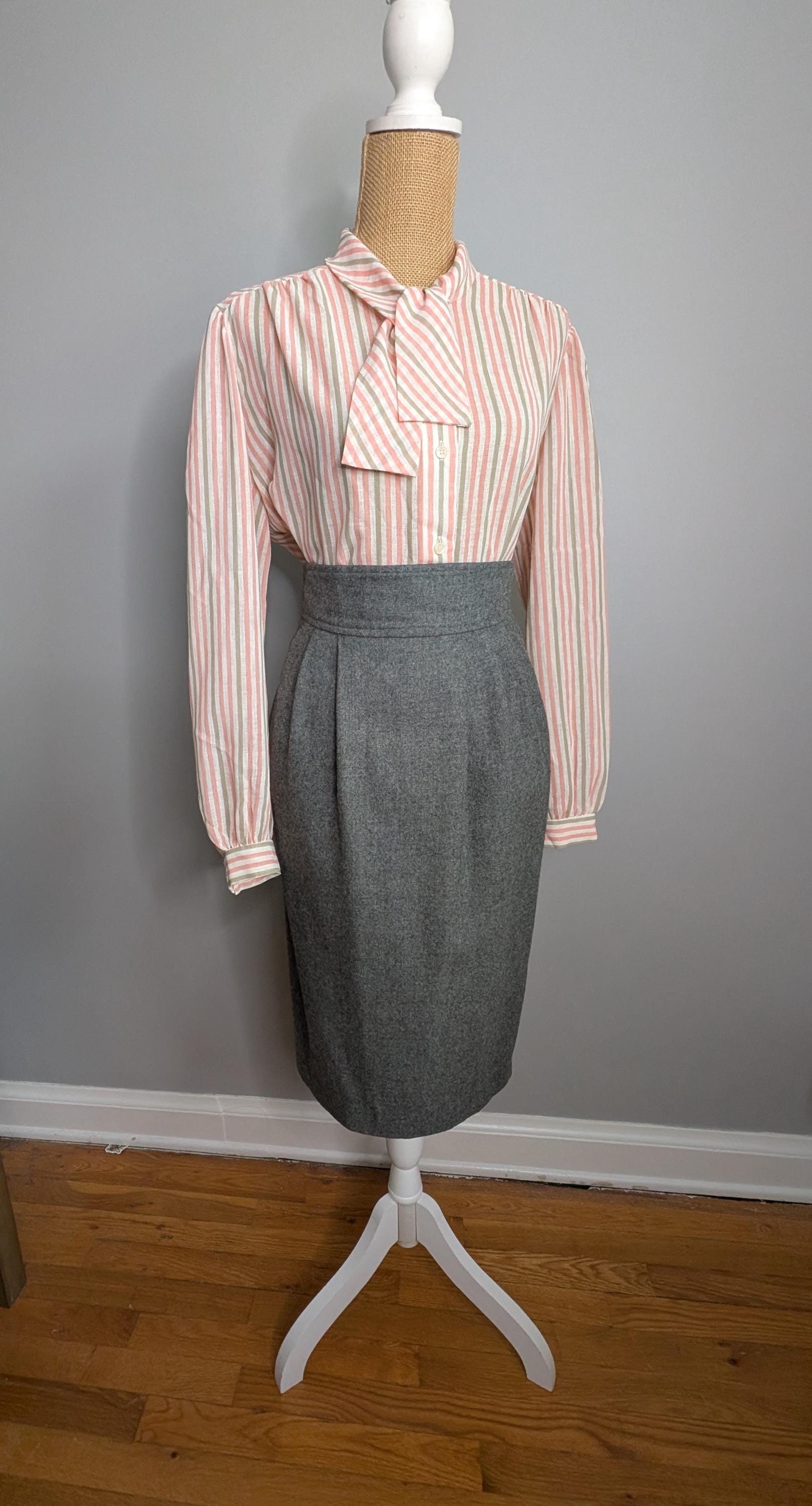 XL- 1970's pink + grey striped blouse