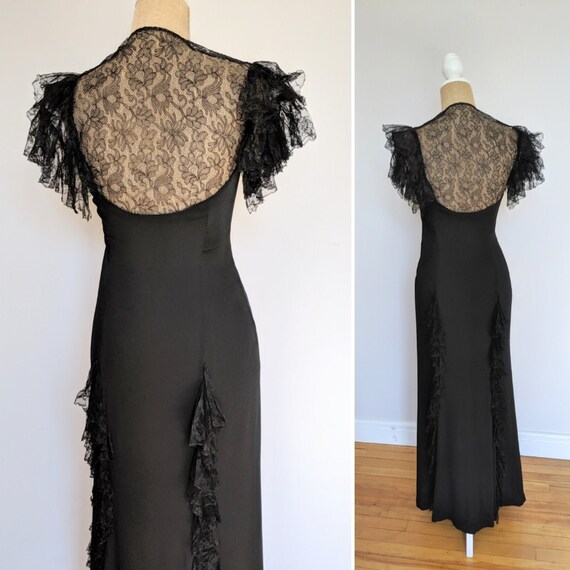 1930's black ruffle lace gown