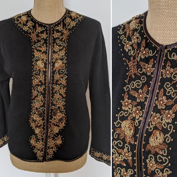 1950's/60's black + gold beaded cardigan