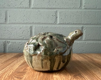 Pottery Green Drip Glaze Textured Turtle with “Days of Wine and Roses” Wind-Up Music Box Unsigned