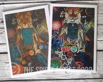 Spiritual Art Prints "Awakening" and "Psychedelic Awakening"- Full Colour Art Print Mayan Jaguar Sacred Geometry Art