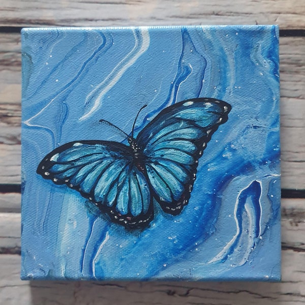 Crystal Butterfly original artwork - Hand painted butterfly and gemstone paintings - Blue Morpho on Blue Lace Agate