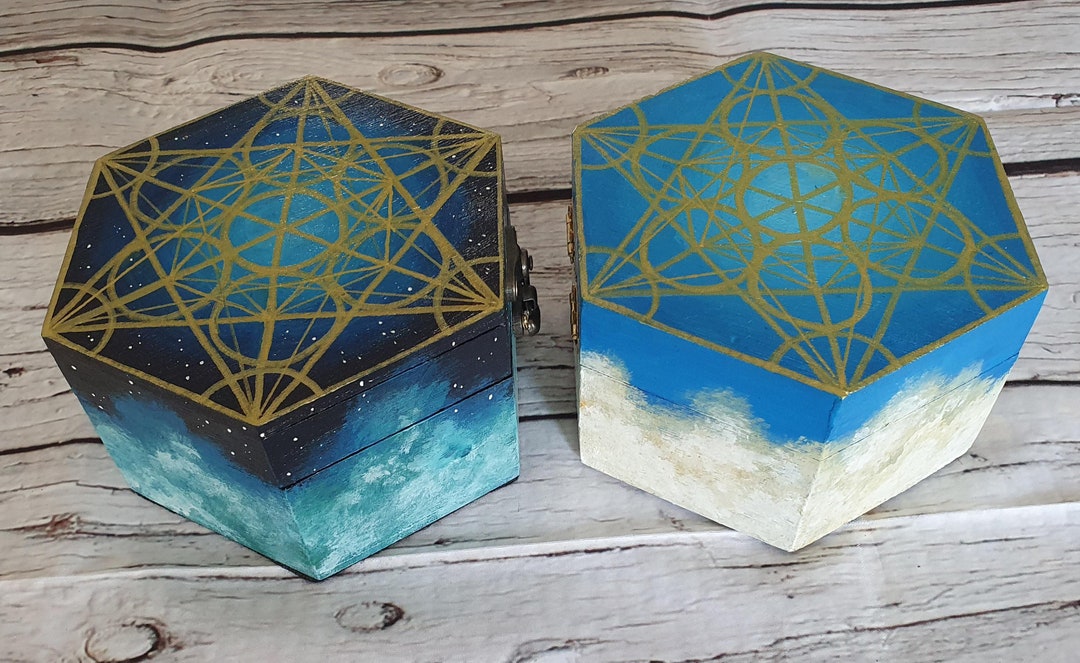 Metatron's Cube Hand Painted Wooden Boxes, Altar Box, Jewellery