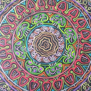 Pode incluir: Um design de mandala colorido com c&iacute;rculos conc&ecirc;ntricos de v&aacute;rias formas e padr&otilde;es. O design apresenta um fundo preto com cores brilhantes como vermelho, verde, azul e amarelo. O centro da mandala &eacute; um padr&atilde;o em espiral.