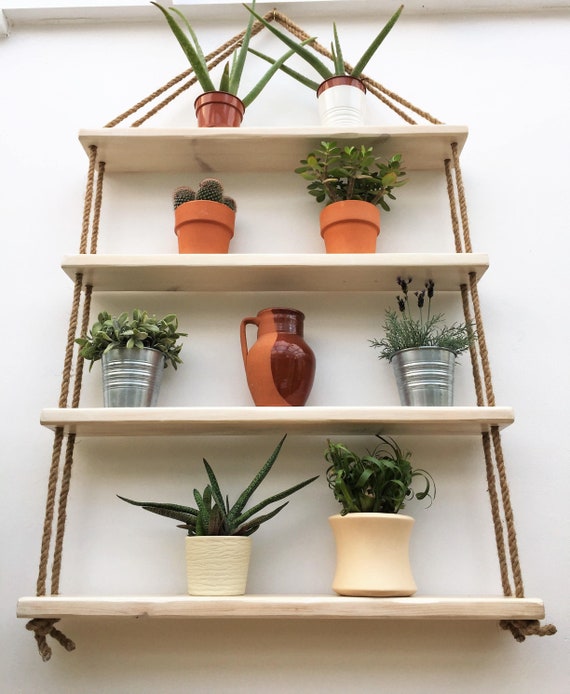 Rope Hanging Shelves Handmade Floating Shelves Rustic Rope Shelf Wall Mounted Shelf Ceiling Swing Shelf Reclaimed Wood And Jute Shelving