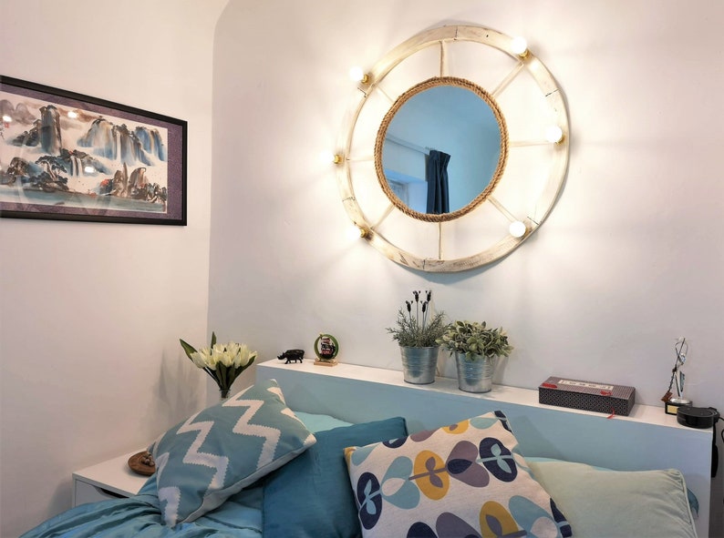 Handmade Coastal Mirror With Led Lights Rustic Farmhouse Mirror With Lighting Wall Hanging Vanity Mirror Hall Lights Wall Decor