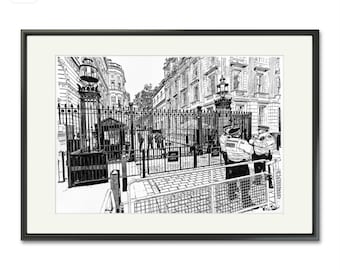 Limited Edition Art Print of Downing Street, London in Pen and Ink Wash with Certificate of Authenticity