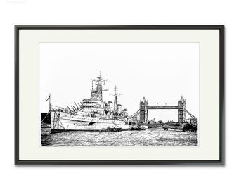 Limited Edition Art Print of HMS Belfast on the Thames in Pen and Ink Wash with Certificate of Authenticity