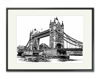 Limited Edition Art Print of Tower Bridge, London in Pen and Ink Wash with Certificate of Authenticity