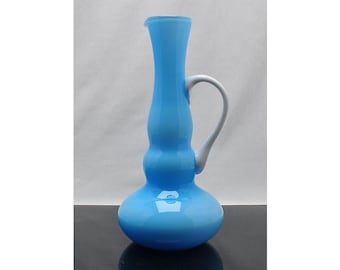 Vintage Pale Blue Opaline with White Applied Handle & Inner Vase/Jug 1950s
