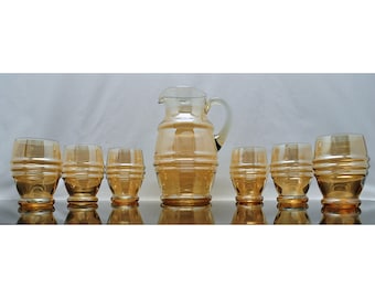 Art Deco Vintage Gold Shimmer Barrel Pitcher Jug & 6 Tumblers