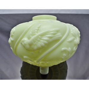 Victorian Pale Yellow Vaseline Uranium Oil Lamp Font Bird and Floral Motif