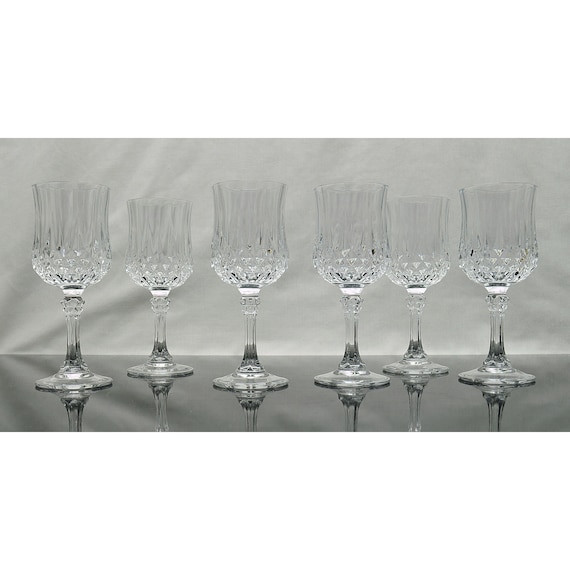 6 verres à pied, cristal d'arques, Longchamp, 1980