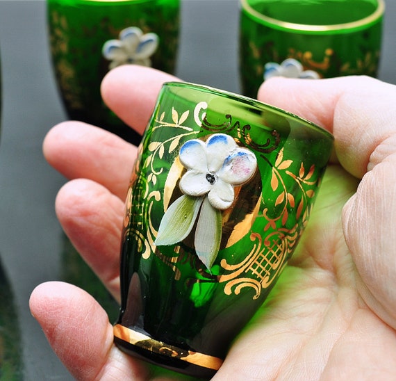 緑と金色の花柄ガラスグラスセット 緑と金色の花柄ガラス