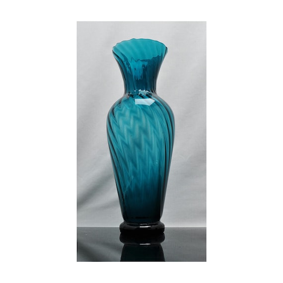 Large Empoli Diagonal Optic Deep Aqua Tall Footed Vase 1950s/60s