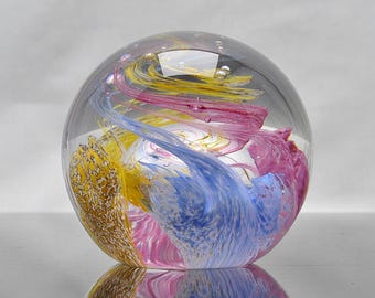 Scottish Boarders Art Glass of Hawick Blue, Pink and Yellow Paperweight with Bubbles 1980s