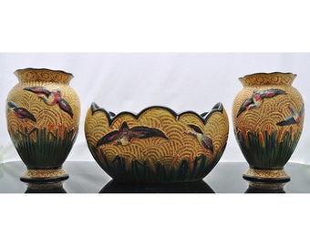 Vases Art Deco Shaw & Copestake en art canard sauvage et jardinière ovale Sylvac - Lot de 3