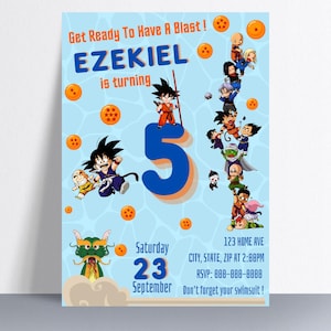 May include: A light blue birthday invitation with the text "Get Ready To Have A Blast! EZEKIEL is turning 5." Features cartoon characters and orange spheres. Includes date, time, address, and RSVP information. The invitation says "Don't forget your swimsuit!"