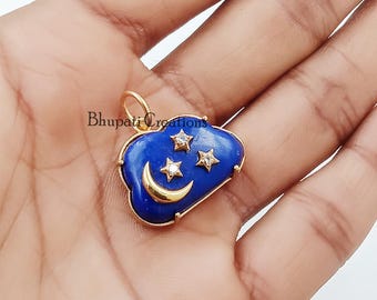 Handmade Lapis Moon Star Cloud Pendant, 925 Sterling Silver