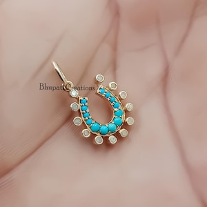 14K Yellow Gold Plated Horseshoe Charm, Diamond & Turquoise Horseshoe Pendant, Horseshoe Necklace Charm Jewelry