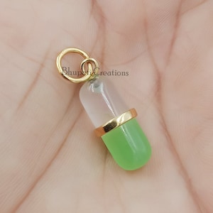 14K Gold Plated Pill Charm, Pink Quartz & Green Opal Carving Pill Charm, Woman Vintage Gemstone Pendant, Wholesale Vintage Pendant Jewelry