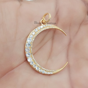 925 Silver Gold Plated Half Moon Pendant, Diamond Moon Pendant, White Topaz Half Moon Pendant Jewelry