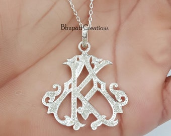 KA-AK Letter Diamond Monogram Pendant 925 Sterling Silver Monogram