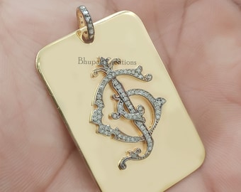 Handmade 925 Sterling Silver Diamond Dog Tag Pendant, Yellow Gold & Gray Plated