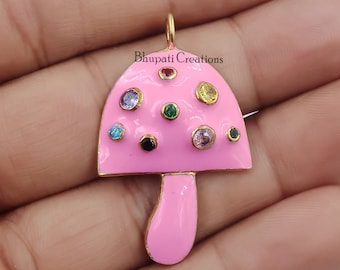 14K Yellow Gold Plated Mushroom Pendant, Multi Topaz Mushroom Pendant, Enamel Mushroom Pendant, Mushroom Pendant Jewelry Supplier
