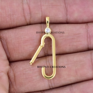 9k solid yellow gold charm holder lock, oval gold enhancer, white topaz Oval push lock, connector push lock jewelry, Oval Pendant connector