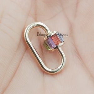 14K Yellow Gold Carabiner Lock, Multi Stone Baguette Screw Carabiner Lock, Woman Necklace Jewelry Carabiner Lock Jewelry