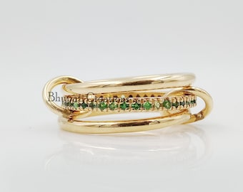 Yellow Gold Plated Tsavorite Band Ring, 3 Set Enter Locking Band Ring, Woman Stacking Band Ring Jewelry