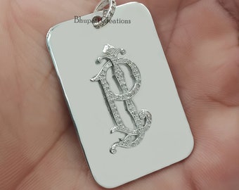 925 Sterling Silver Dog Tag Pendant, Single Cut Diamond Letter Pendant, PJ-JP Dog Tag Pendant, Diamond Monogram Pendant Jewelry