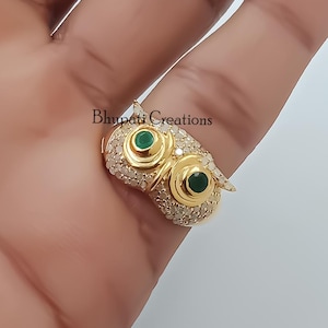 14K Yellow Gold Plated Owl Ring, Diamond Owl Ring, Emerald Eye Owl Ring, New Designer Lucky Owl Ring Jewelry