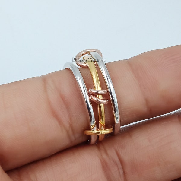 Plain three connector band ring, 925 silver connector ring set, 14k gold plated ring set, handmade silver ring jewelry