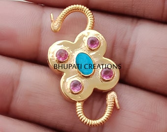 Handgemaakt hangslot met turkoois en roze onyx bloemen, verguld 925 zilver