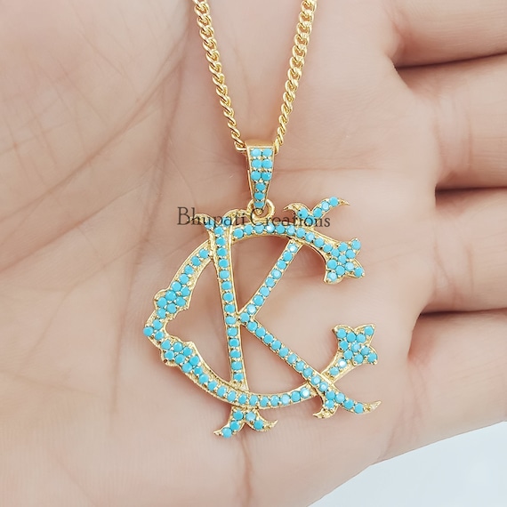 Enamel Monogram Charm Necklace Turquoise / Yellow Gold / Mini Pendant on 16 Enhancer Chain (Shown in 2nd Image)