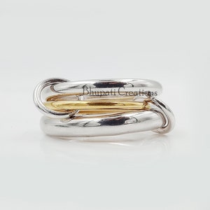 Plain Silver 3 Set Band Ring, 14K Yellow Gold Middle & 2 Silver Band Ring, Multi Connector Band Ring