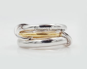 Plain Silver 3 Set Band Ring, 14K Yellow Gold Middle & 2 Silver Band Ring, Multi Connector Band Ring