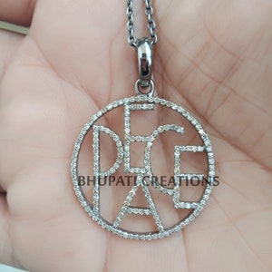 Diamond Peace Pendant, 925 Sterling Silver Peace Pendant, Handmade Round Peace Symbol Pendant Necklace Jewelry